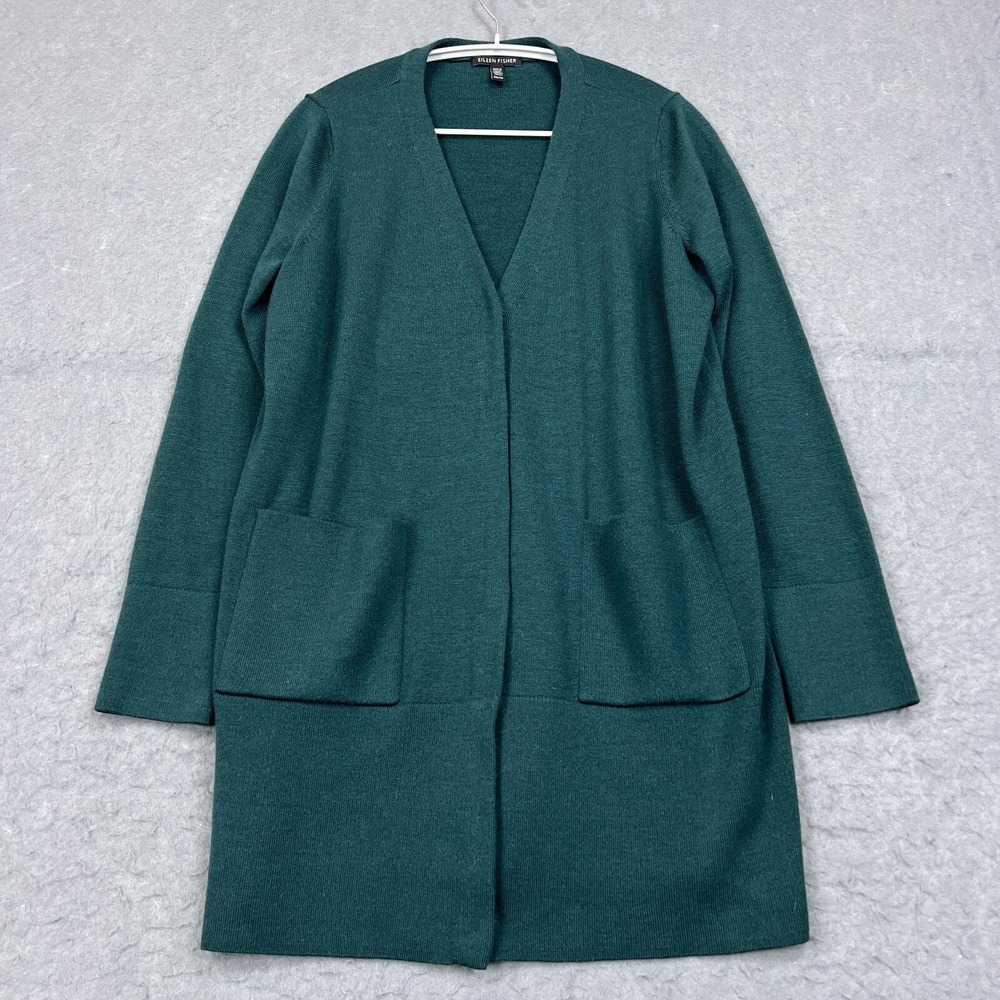 Eileen Fisher Cardigan Women's XS Dark Teal 100% Wool Pockets Thick Snaps Duster